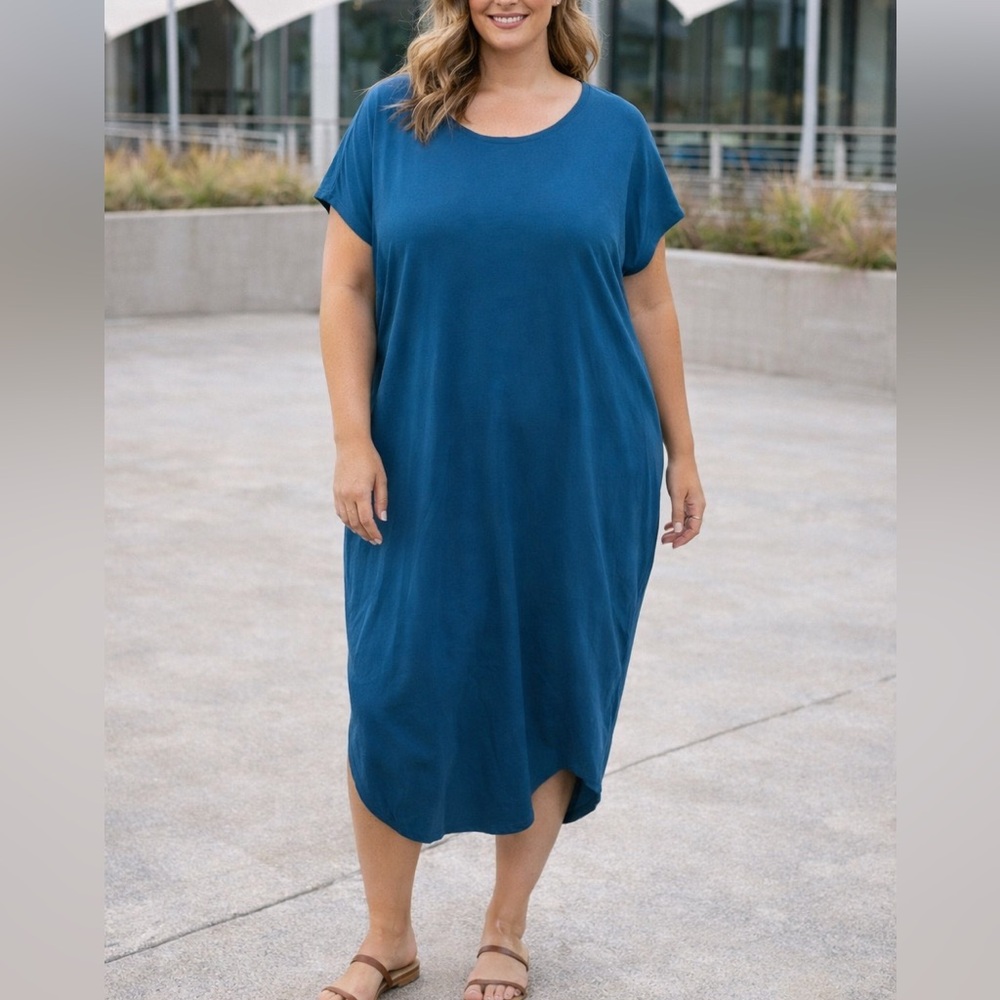 Universal Standard iconic Geneva Asymmetrical Dress teal blue Sz XL cap sleeve